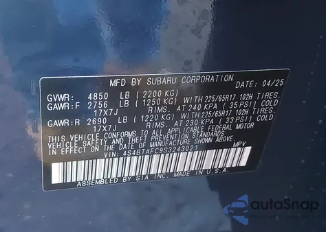 2025 Subaru Outback Premium z USA, uszkodzony, nr VIN 4S4BTAFC9S3243021